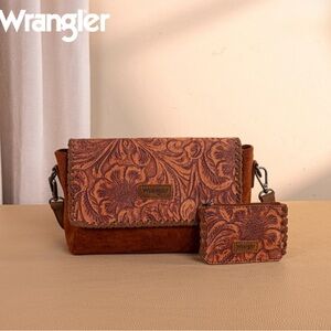 Wrangler Vintage Floral Printed Crossbody Bag with Small Pouch- Brown